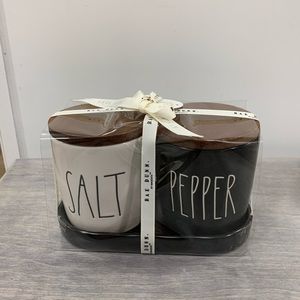 Rae Dunn SALT AND PEPPER containers with wood lids